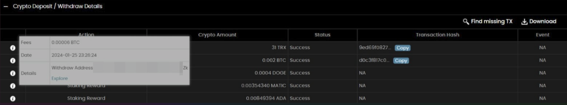 Crypto deposit and withdrawal details page