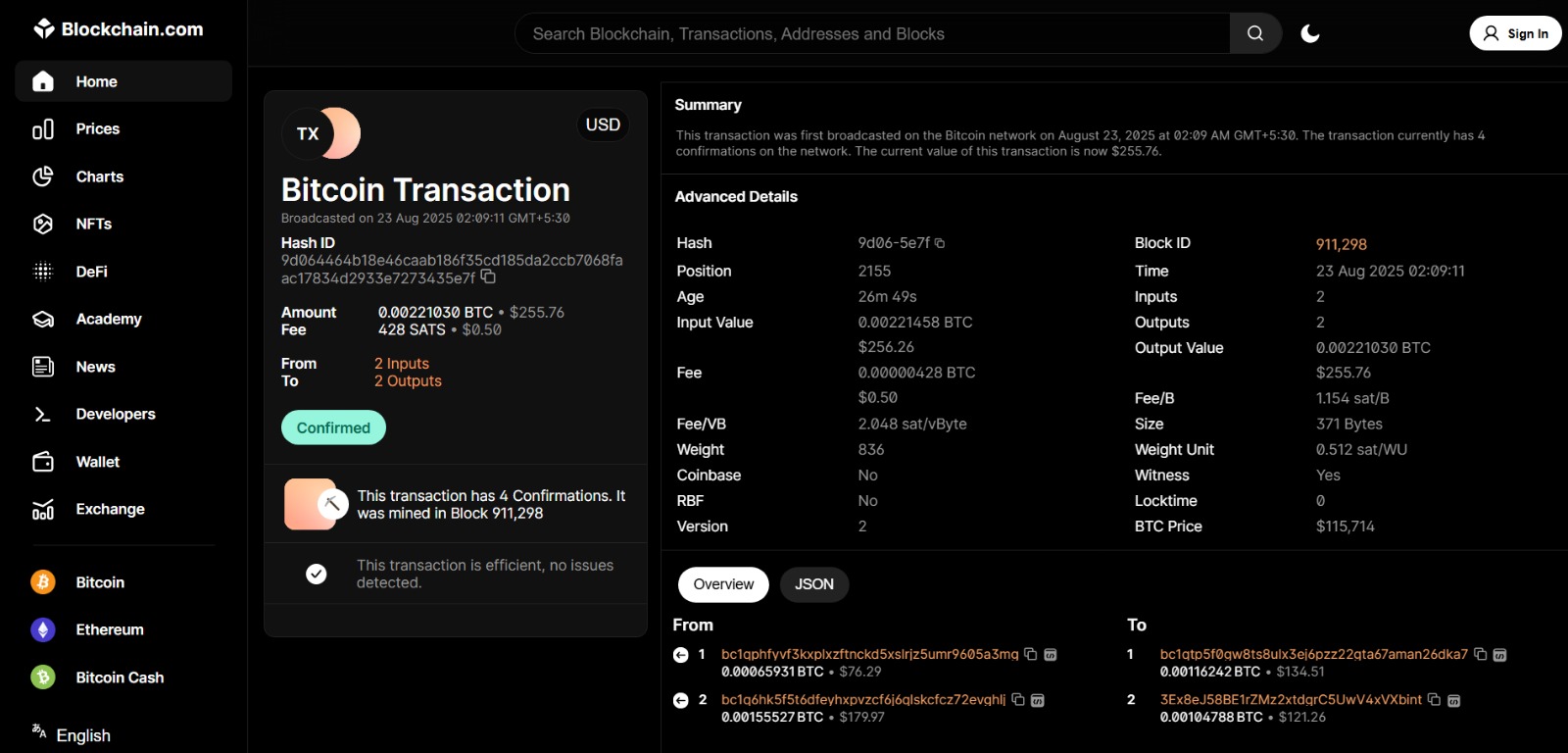 Blockchain explorer page of the crypto withdrawal transaction